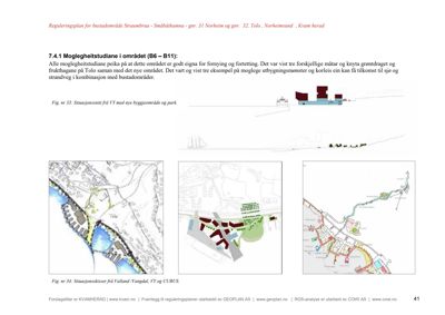 Bildet viser situasjonskisser (Fig. nr 34) som illustrerer ulike forslag til bebyggelse og parkanlegg i et område ved vannet.