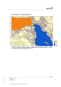 Kart som viser et vannområde med fargekodet vannnivå og et utbygningsalternativ markert.