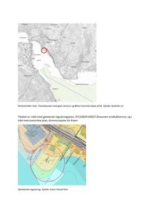 Bildet viser to kartutsnitt: øverst et kartutsnitt fra Kystinfo.no som viser farledsareal og biland, og nederst en gjeldende reguleringsplan fra Kvam Herad Kart med arealbruk og reguleringer markert.