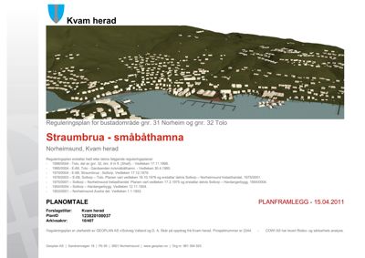 Et 3D-kart som viser et nabolag (Norheimsund) sett fra luften, med bygninger, vann og terreng.