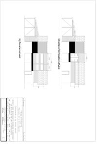 Tegning som viser eksisterende og ny fasade sett fra sørvest med mål og materialbeskrivelser.