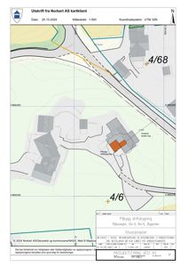 Situasjonsplan som viser tomtens beliggenhet, nabolag, veier og planlagt utvidelse av eksisterende bygninger.