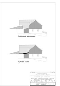 Tegning som viser eksisterende og ny fasade sett fra sørøst.