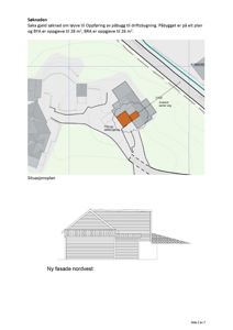 Bildet viser en tegning av en ny fasade (nordvest) for et påbygg, samt en situasjonsplan over tomten.