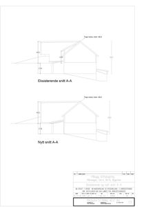 Tegning som viser tverrsnitt (snitt) av en eksisterende og en ny planlagt bygning, med høydemål og koter.