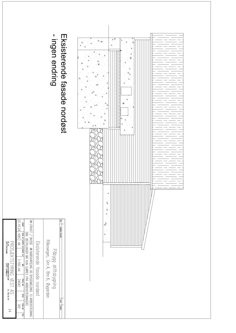 Tegning som viser eksisterende fasade på nordøst siden av en tilbygning.