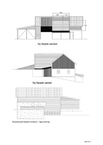 Tegning som viser tre ulike fasader (sørvest, sørøst og nordaust) med mål og materialbeskrivelser.