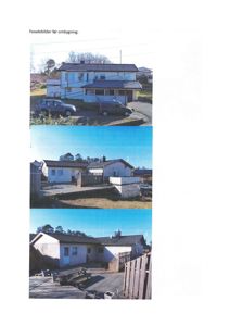 Tre fotografier av en bygning før ombygging, med overskriften 'Fasadebilder før ombygning'.