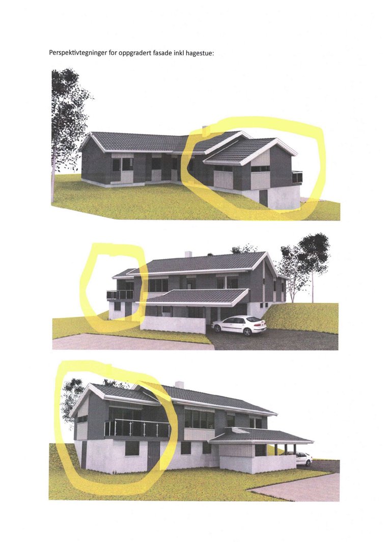 Tre perspektivtegninger (3D-visualiseringer) som viser en oppgradert fasade inkludert hagestue.