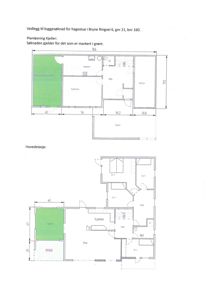 Bildet viser en plantegning (kjeller og hovedetasje) for et hus i Bryne Ringvei 6, med romfordeling, mål og søknadsområder markert.