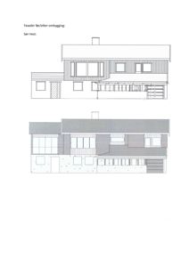 Bildet viser to tegninger som illustrerer fasaden på en bygning sett fra sør-vest, både før og etter en planlagt ombygging.