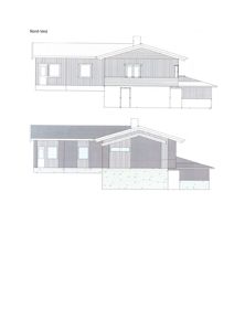 Bildet viser to fasadetegninger av en bygning sett fra Nord-Vest. Den øverste tegningen er en linjetegning som viser formen, tak, vinduer og dører. Den nedre tegningen er en fargetegning som viser materialvalg (f.eks. panel, stein) og farger.