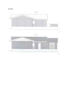 Fasadetegning av en bygning sett fra nord-øst, med to varianter (uten og med takoverheng).