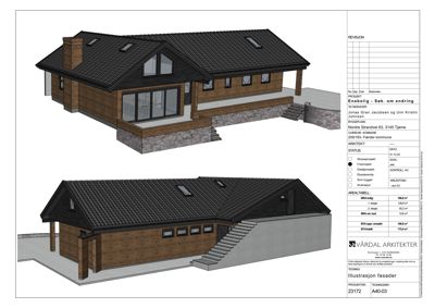 3D-visualisering (rendering) av en enebolig sett fra to ulike vinkler (fra siden og fra fronten).