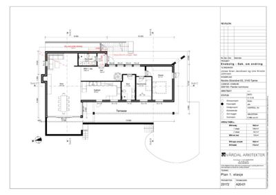 Etasjeplan (1. etasje) for en enebolig med romfordeling, mål og snittlinjer.