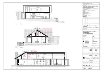 Tegning som viser tre snitt (A, B og C) gjennom en boligprosjekt, inkludert mål, høyder og konstruksjonsdetaljer.
