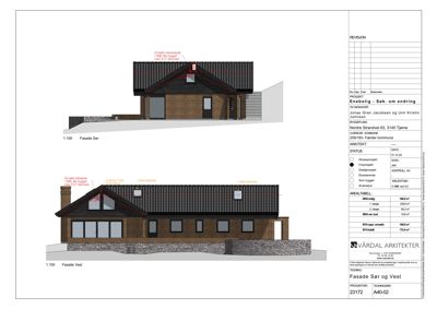 Fasadetegning som viser bygningens utseende fra sør og vest, inkludert detaljer om vinduer, tak og materialer.