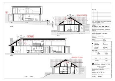 En tegning som viser fire forskjellige snitt (Snitt A, B, C og D) gjennom en bygning. Tegningen inkluderer mål, konstruksjonsdetaljer og notasjoner om takhøyde.