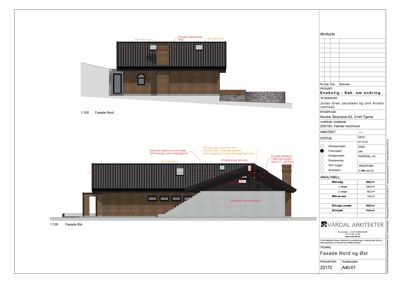 Fasadetegning som viser bygningens utseende sett fra nord og øst, med detaljer om tak, vinduer og veggkonstruksjon.
