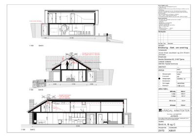 Tegning som viser tre snitt (A, B og C) gjennom en boligprosjekt, inkludert mål, høyder og konstruksjonsdetaljer.