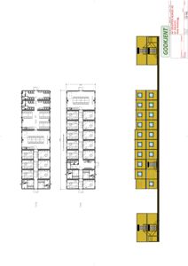 Etasjeplaner (1.etg og 2.etg) med romfordeling, dører og vinduer for en bygning.