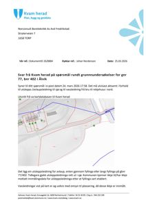 Kartutsnitt fra Kvam herad som viser vassleidingar (blå linjer) og utslppsleidingar (røde linjer) i forhold til ei tomt og vegar.