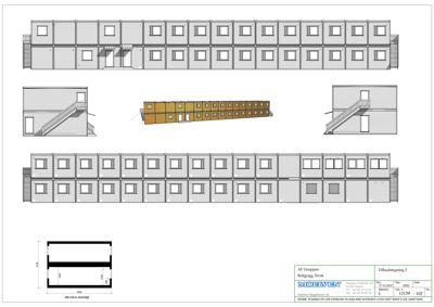Tegning som viser fasadeopprikk (front- og bakside) samt et snitt av en bygning.