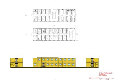 Bildet viser etasjeplaner for 1. og 2. etasje (2.etg og 1.etg) av en bygning, samt en fasadevisning (opprikk) av bygningen sett fra siden.