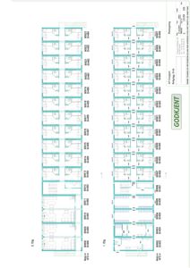Plantegning som viser romfordeling for 1. og 2. etasje i en bygning, med romnummerering og arealopplysninger.