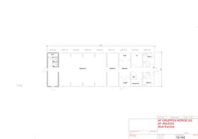 Etasjeplan (1.etg) for Ålvik Kantine som viser romfordeling, dører og veggkonstruksjoner.
