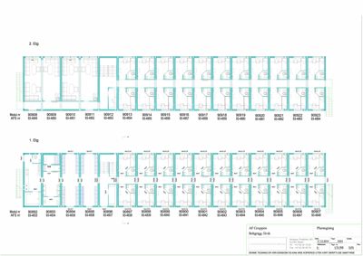 Etasjeplaner for et boligprosjekt (1. og 2. etasje) med romfordeling og modulnummer.