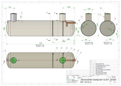 Detaljtegning av en slamavskiller (12,0 m³) med snittegninger (A-A, B-B, C-C) og en delopplysningstegning (BOM) som viser dimensjoner og materialer.