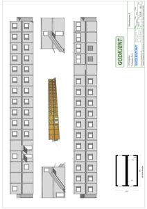 Fasadetegning som viser bygningens utseende fra utsiden, inkludert vinduer, balkonger og trapper.