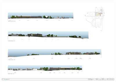Snittegning som viser bygningens tverrsnitt, høyder og relasjon til terreng.