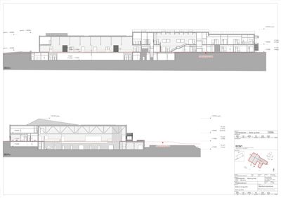 Snittegning som viser bygningens tverrsnitt, høyder, konstruksjon og grunnplan.