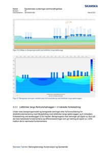 Tekniske beregningsmodeller og diagrammer som viser fundamentbelastning og beregnede setninger langs kjellervegg.