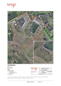 Et flyfoto (satellittbilde) av eiendom 42/111 i Gjerdrum kommune, som viser plassering av prøvetakingspunkter (gummigranulat og matjord) og eiendomsgrenser.