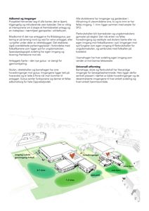 Situasjonsplan som viser plassering av bygninger (skole, barnehage, flerbrukshall) på tomten, adkomstveier, innganger og områder for idrett og barn.