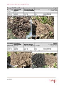 Feltfotografier av jordprøver (G1-G4) tatt fra en kunstgressbane, inkludert tabell med analyseresultater.