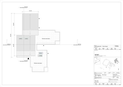 Etasjeplan (takk) som viser romfordeling, dimensjoner og orientering for bygningen.