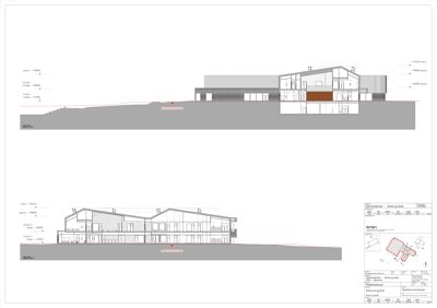 Snittegning som viser bygningens tverrsnitt, høyder, konstruksjon og forhold til terreng.