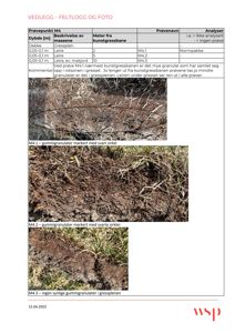 Fotografier av jordprøver (feltlogg) med markerte gummigranulat.