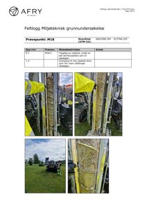 Fotografier fra et feltarbeid som viser prøvetaking av jordmasser (boringer) og utstyr på en byggeplass.