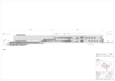 Fasadetegning som viser bygningens utseende sett fra sør, inkludert vinduer, taklinjer og høydeangivelser.