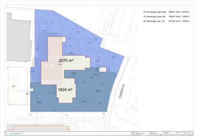 Situasjonsplan som viser arealoppdelinger for barnehageanlegg på en tomt, inkludert arealdata og funksjonsområder.