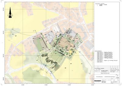 Situasjonsplan som viser bygningers plassering, tomtegrenser, veier og omgivende infrastruktur med koordinatsystem.