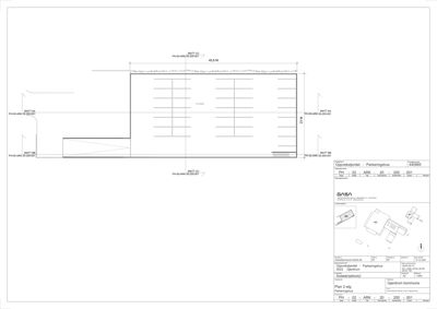 Snittegning (Snitt AA) av et parkeringshus som viser høyder, konstruksjon og innvendig oppriss.