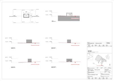 Tegning som viser detaljerte oppriss av en bygning sett fra ulike vinkler (SØ, SV, NØ, NV) med høydeangivelser og merking av eksisterende terreng.