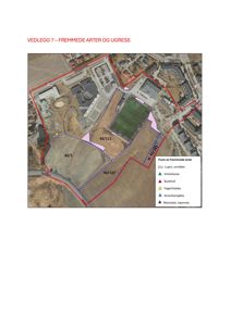 Flyfoto av eiendom med overlagte ruter og symboler som markerer funn av fremmede arter og ugress.