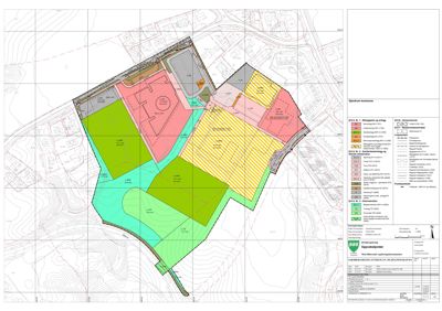 Situasjonsplan som viser tomtens grenser, høydemålerlinjer, eksisterende og planlagt bebyggelse, samt arealbruk og reguleringsstatus.
